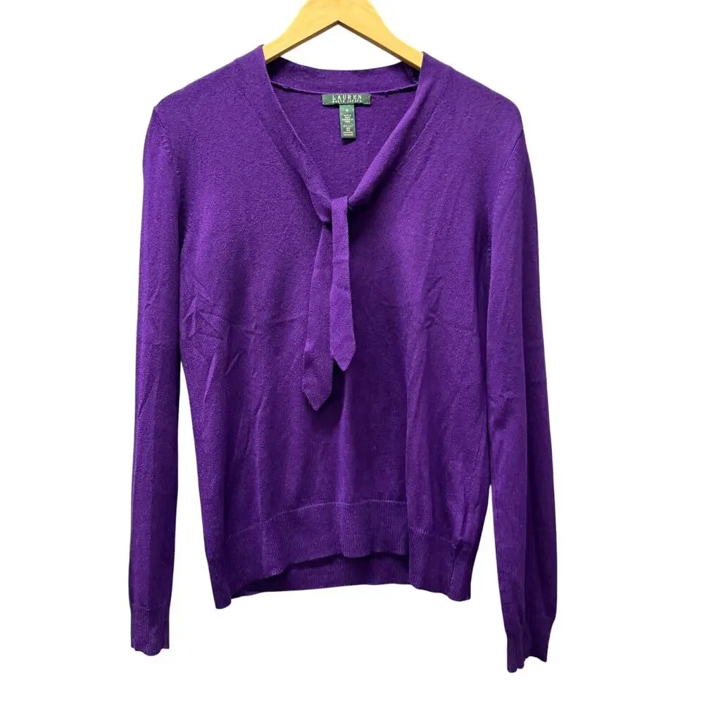 Lauren Ralph Lauren Sweater‎ Womens Medium Purple Silk Cashmere V-Neck Pullover